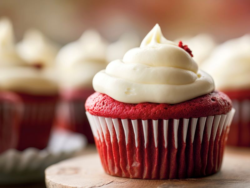 red velvet cupcake with white cream cheese frosting